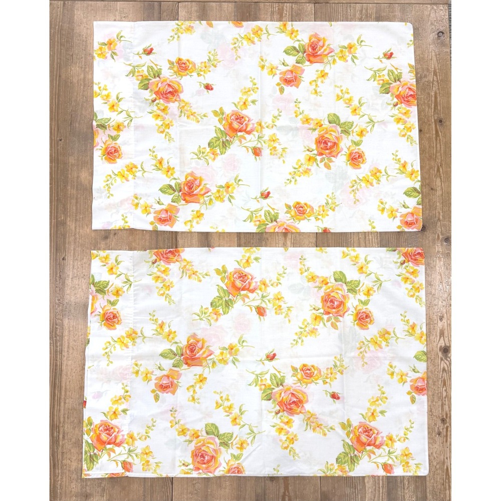 Vintage Floral Rose Pillowcase Set Orange Yellow 2pc Fieldcrest Perfection